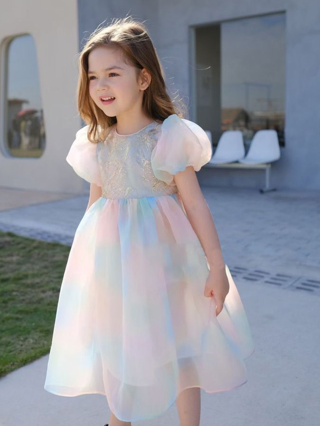 LULU & SKY Girls Printed Puff Sleeves Fit & Flare Dress, White