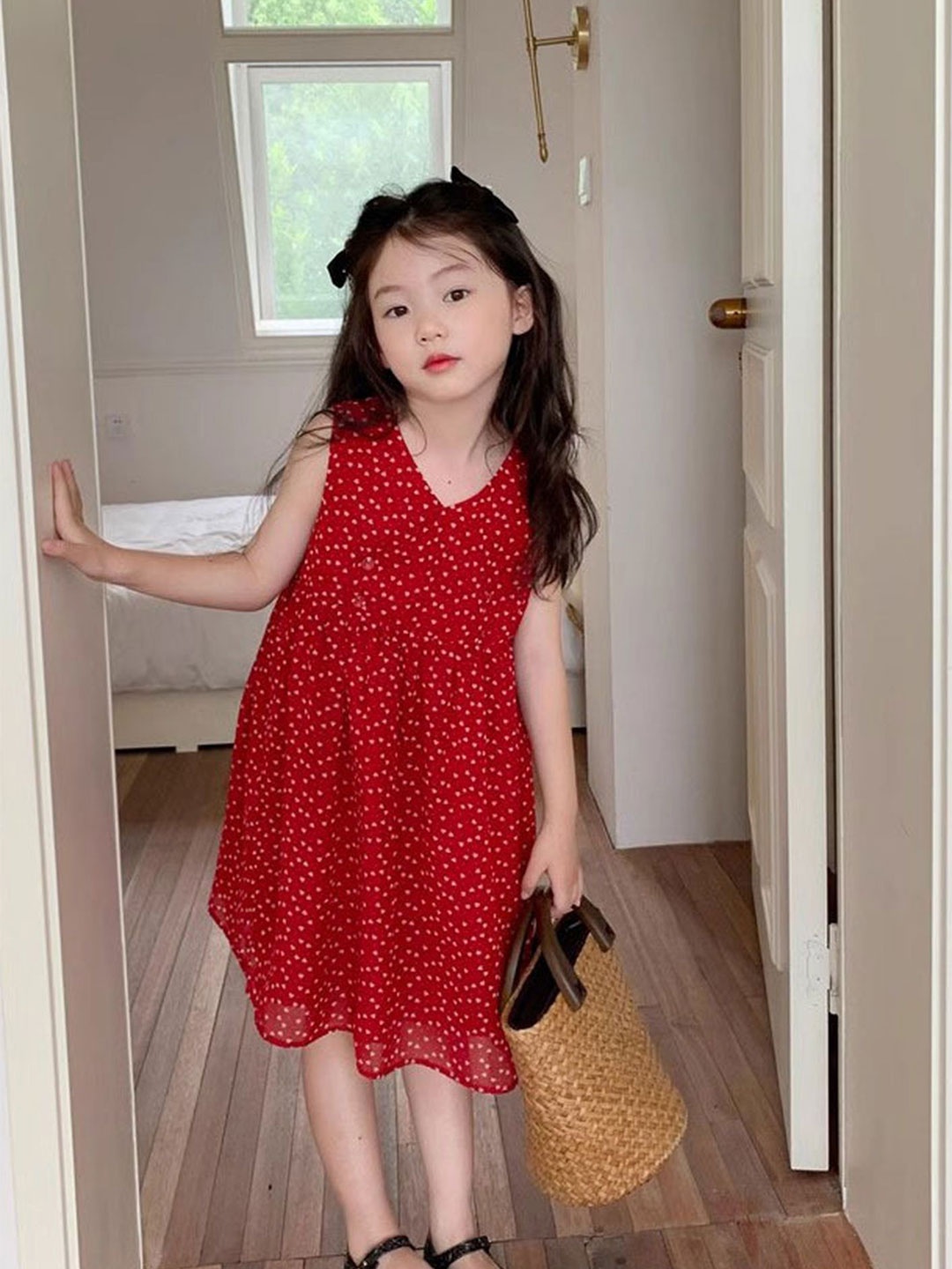 LULU & SKY Girls Polka Dot Printed A-Line Dress, Red