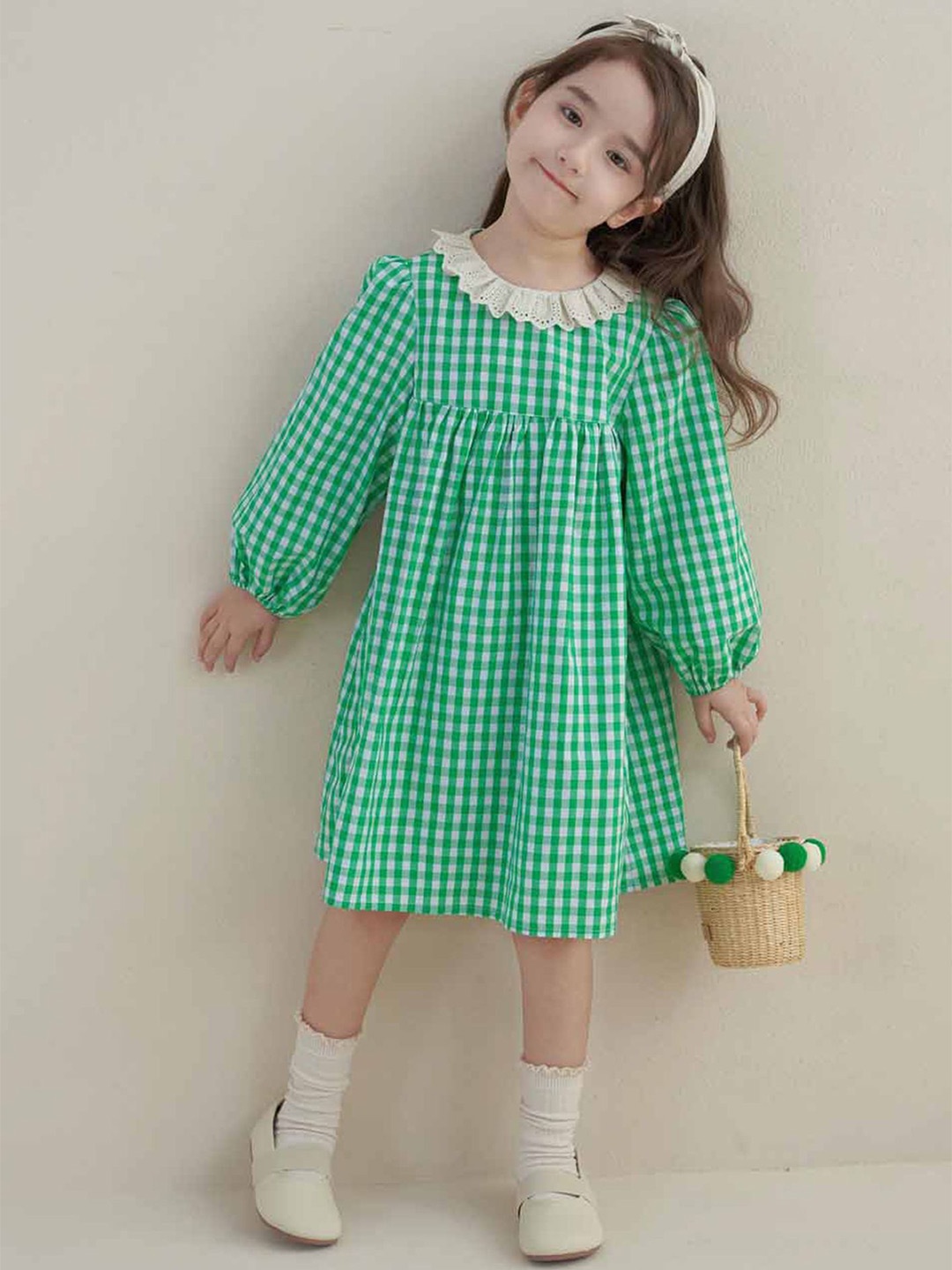 

LULU & SKY Girls Checked Puff Sleeve A-Line Dress, Green