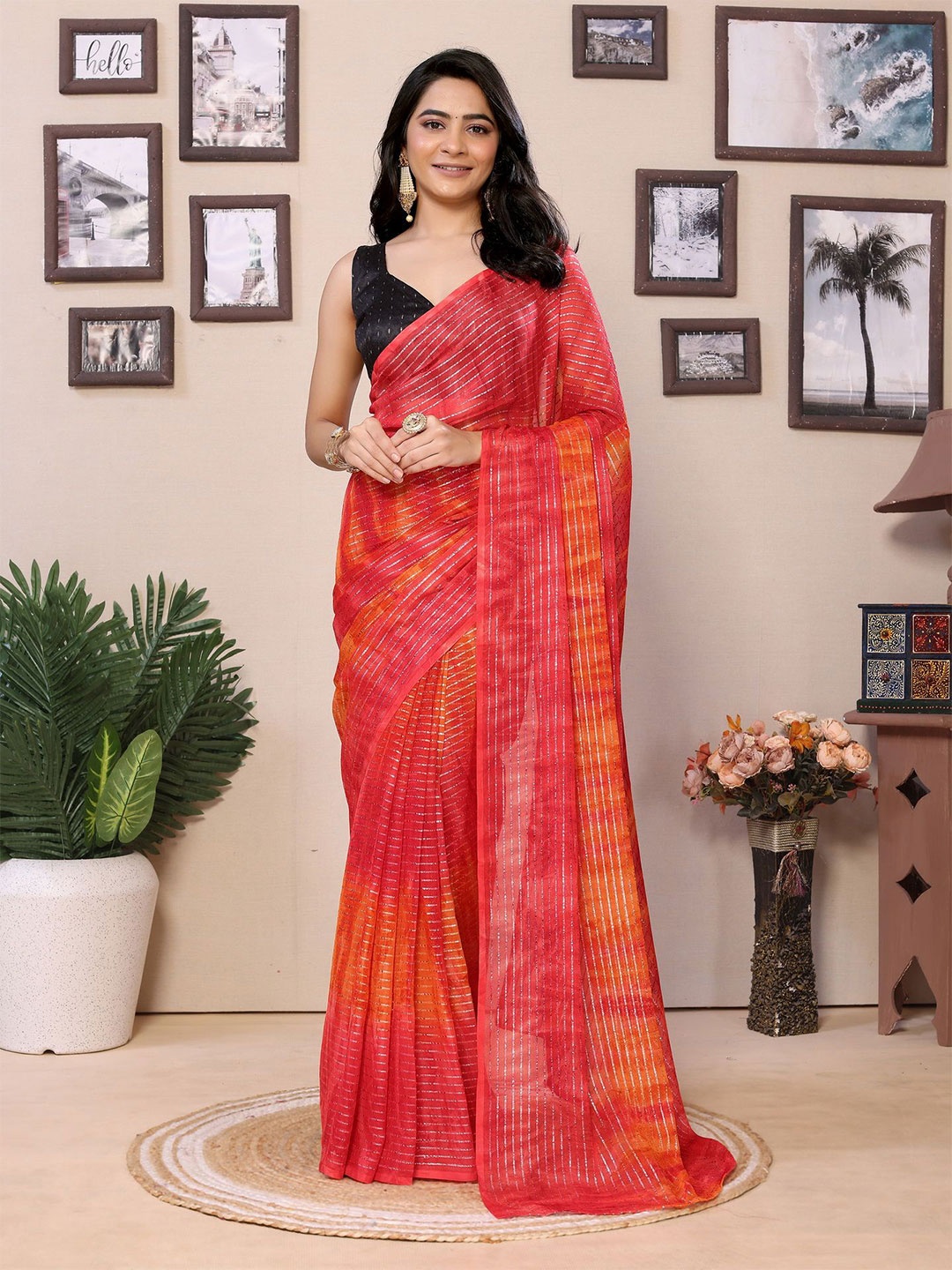 Divyadham Textiles Striped Striped Pure Georgette Ready to Wear Saree, Red