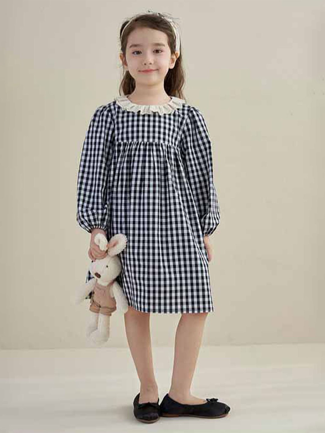 

LULU & SKY Girls Checked Puff Sleeve A-Line Dress, Blue