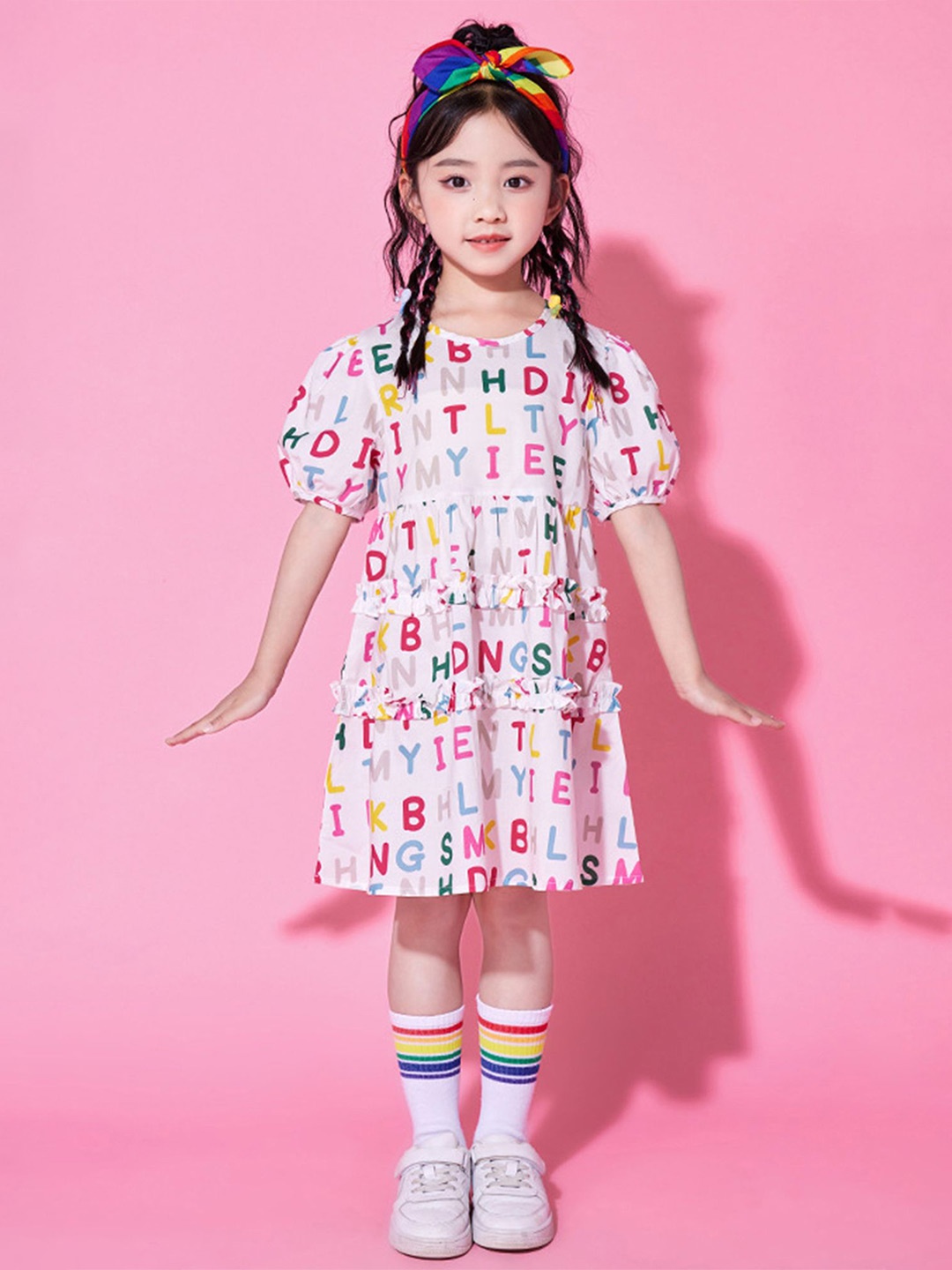 

LULU & SKY Girls Printed Puff Sleeve A-Line Dress, White