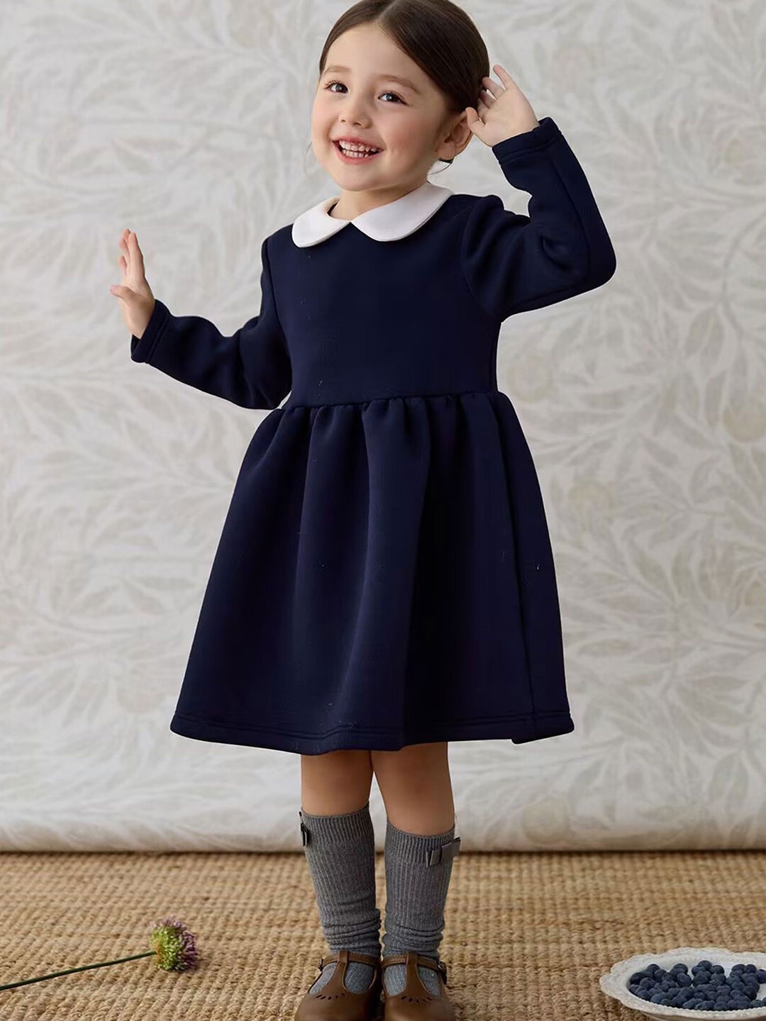 LULU & SKY Girls Peter Pan Collar Fit and Flare Dress, Navy blue