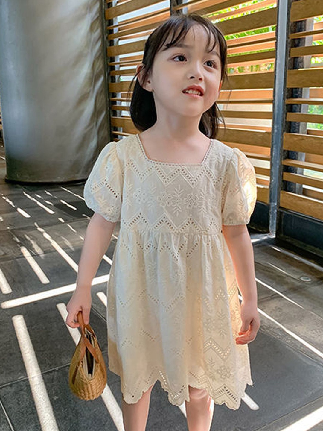LULU & SKY Girls Round Neck A-Line Dress, Beige