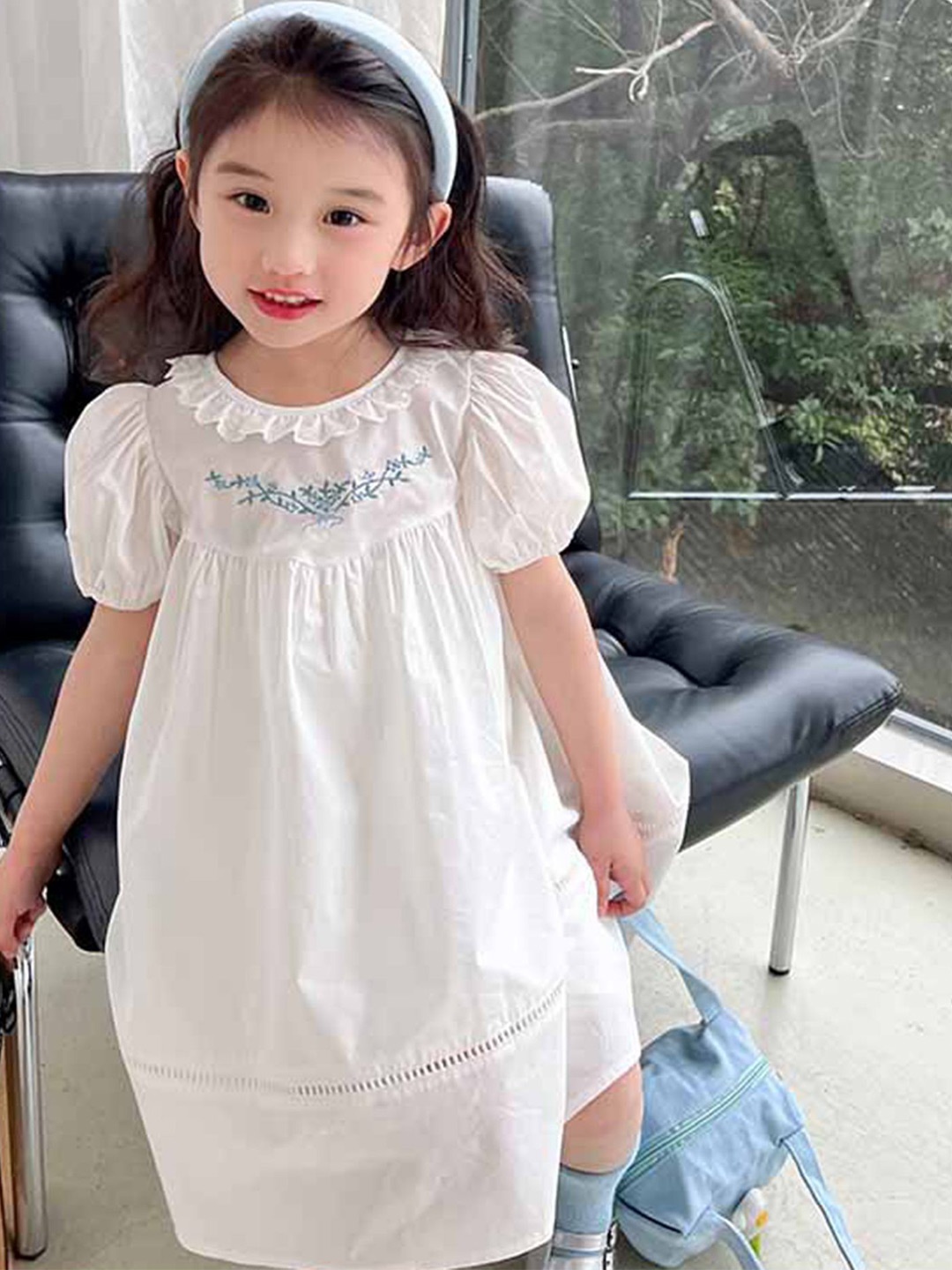 

LULU & SKY Girls Floral Puff Sleeve Empire Dress, White