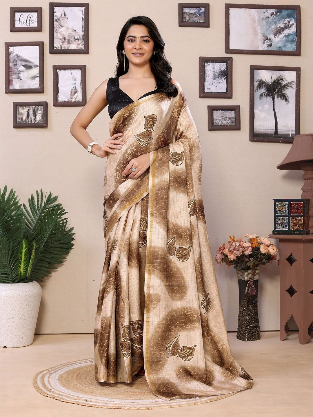Divyadham Textiles Floral Printed Ready to Wear Saree, Coffee brown