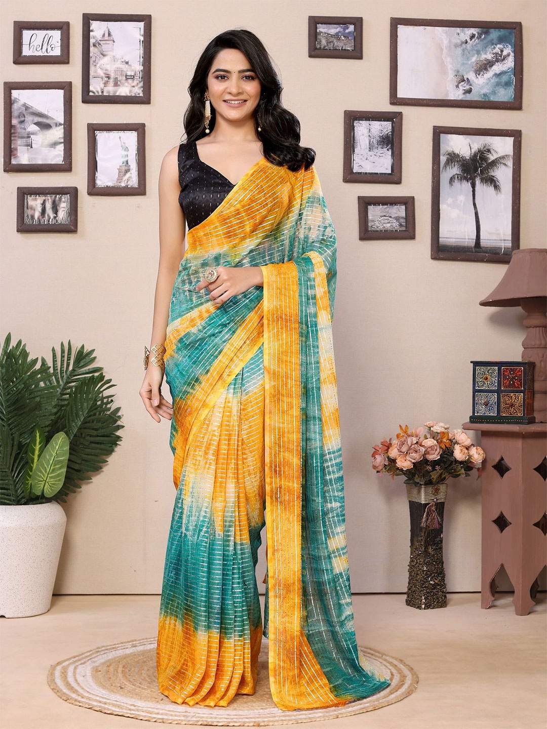 

Divyadham Textiles Tie and Dye Pure Georgette Ready to Wear Saree, Yellow