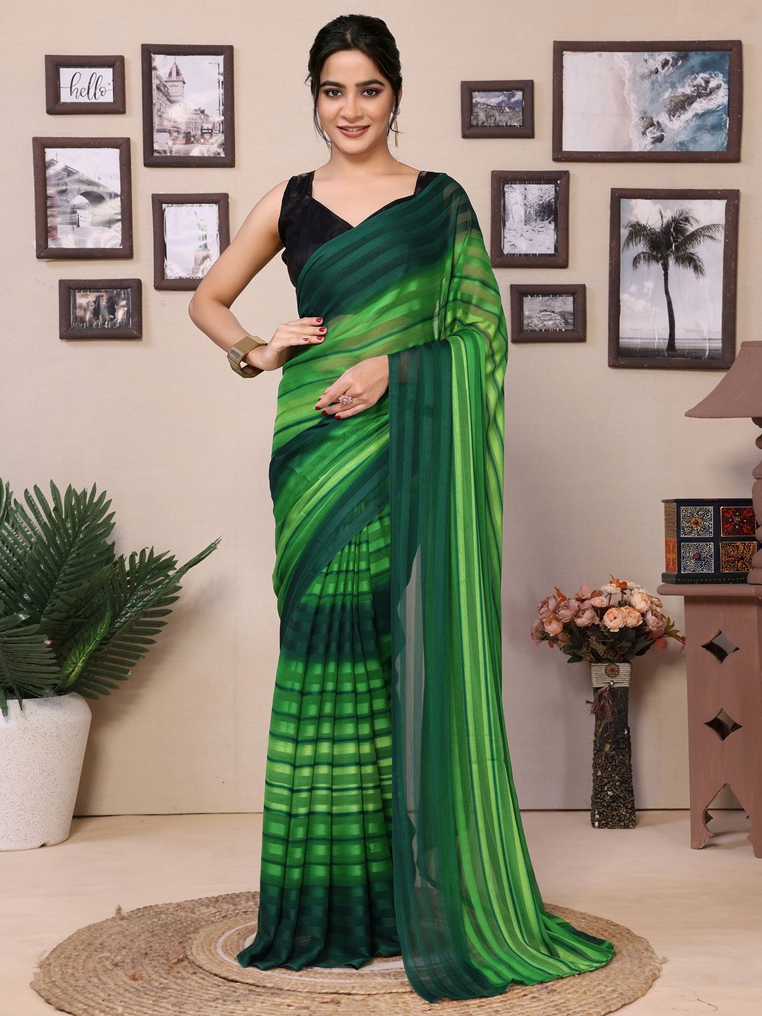 

Divyadham Textiles Striped Satin Ready to Wear Saree, Green