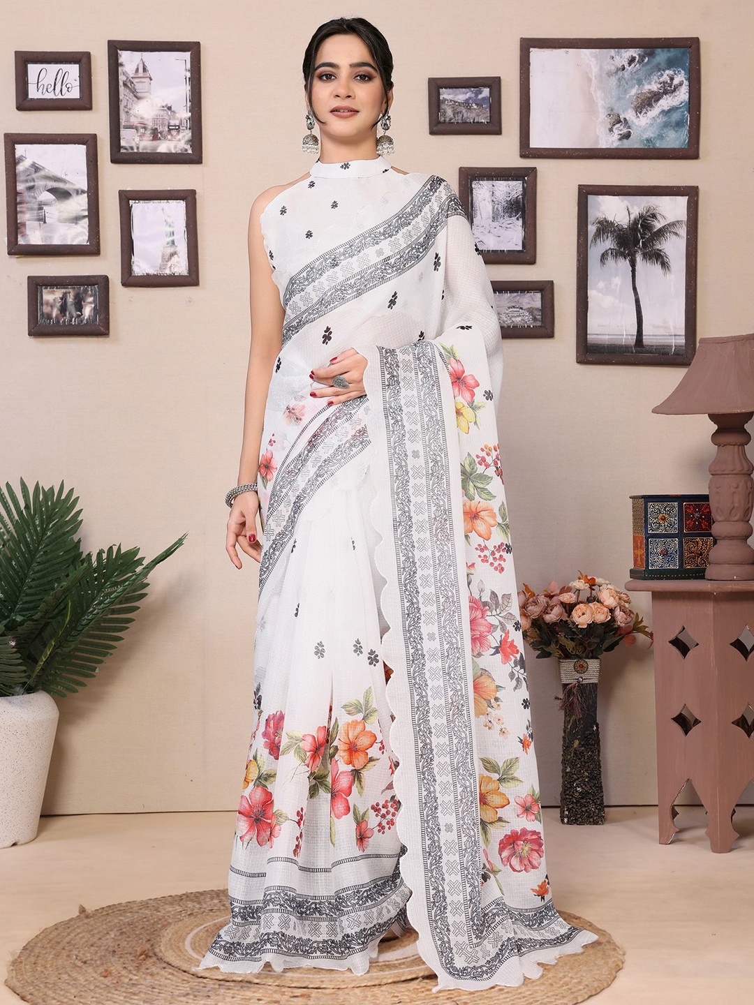 

Divyadham Textiles Floral Printed Ready to Wear Saree, White