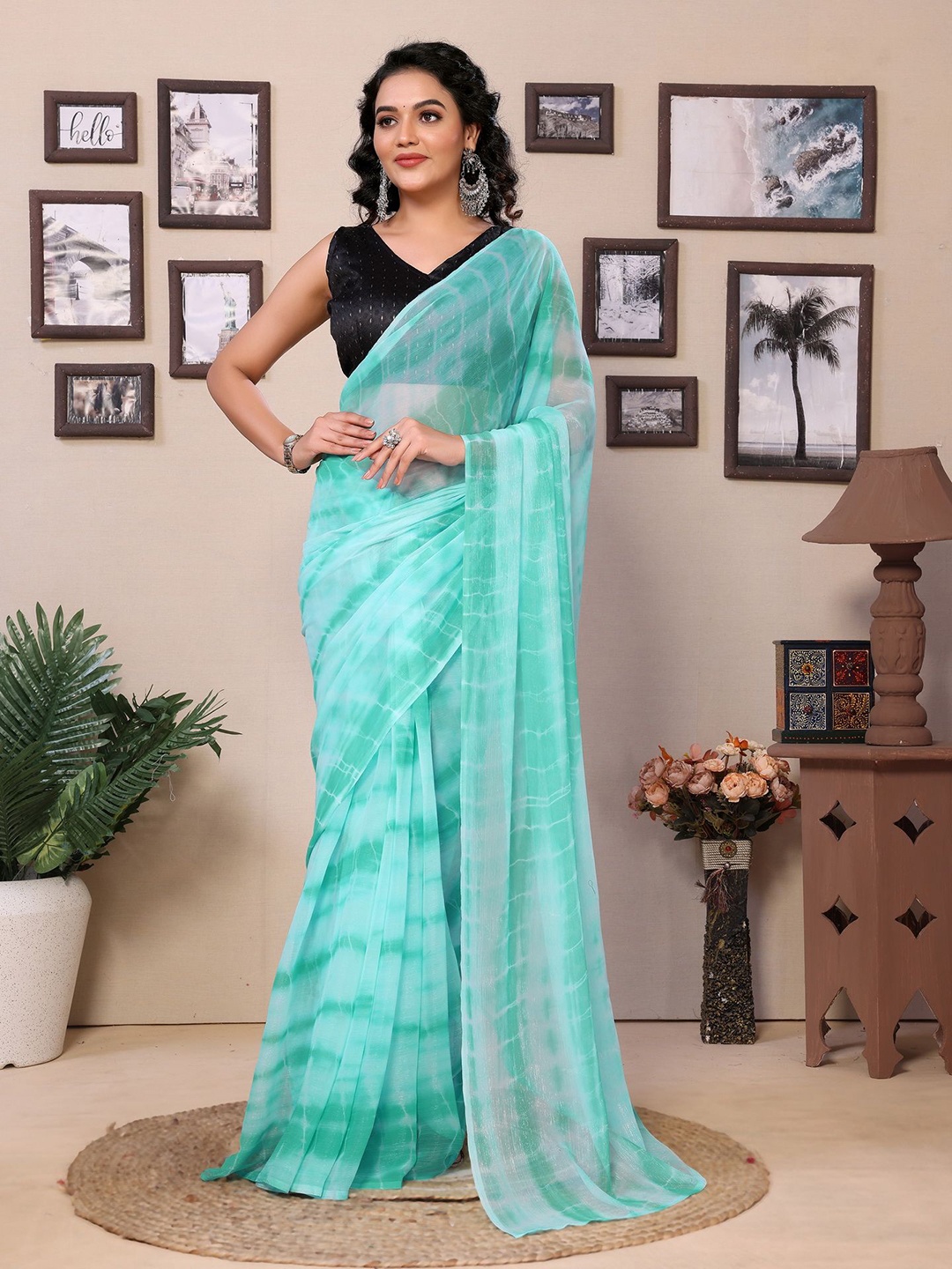 

Divyadham Textiles Tie and Dye Dyed Ready to Wear Saree, Turquoise blue