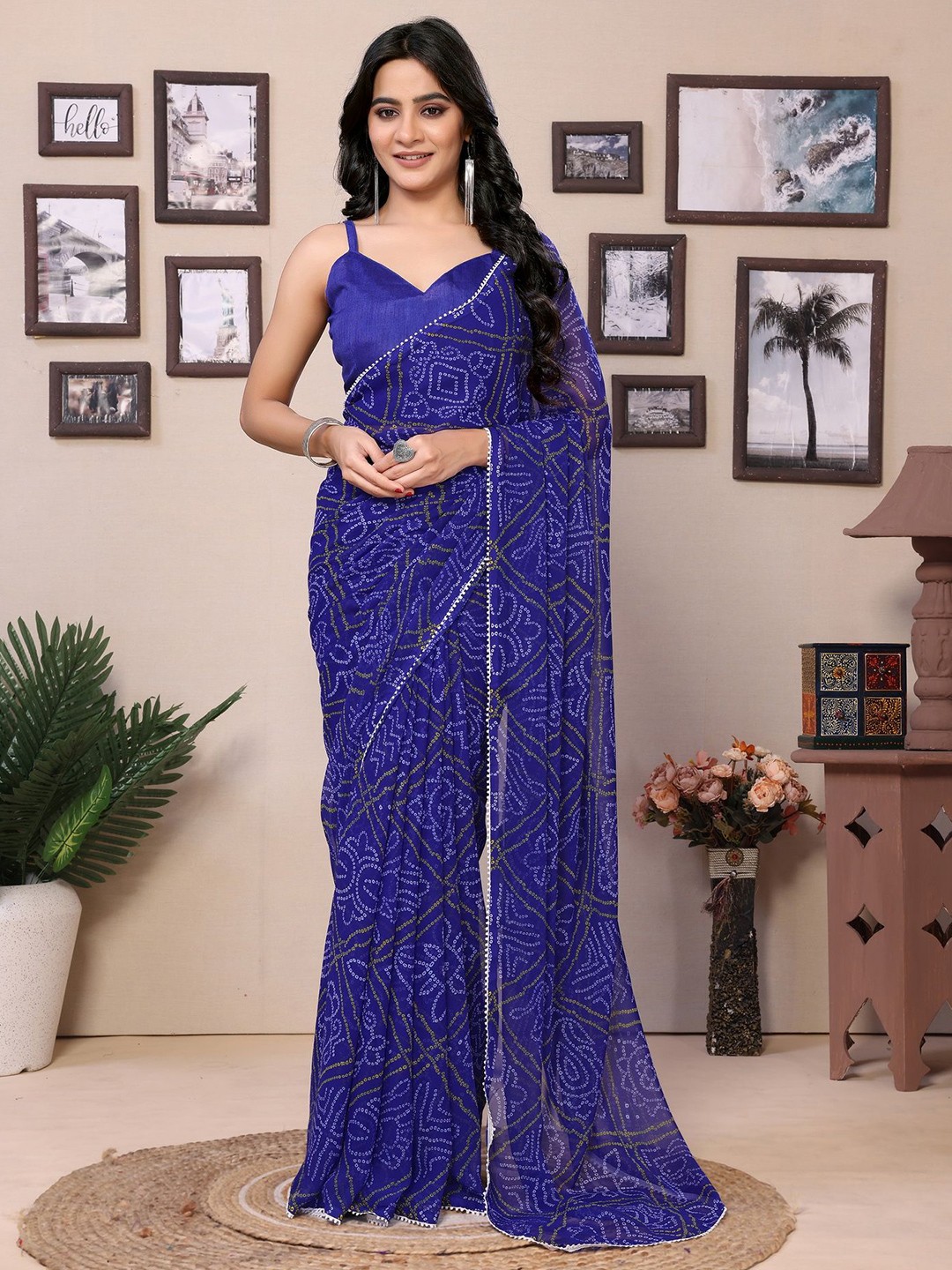 

Divyadham Textiles Bandhani Printed Pure Georgette Ready to Wear Saree, Blue