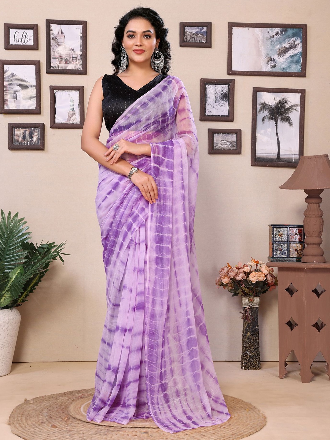 

Divyadham Textiles Tie and Dye Printed Pure Georgette Ready to Wear Saree, Purple