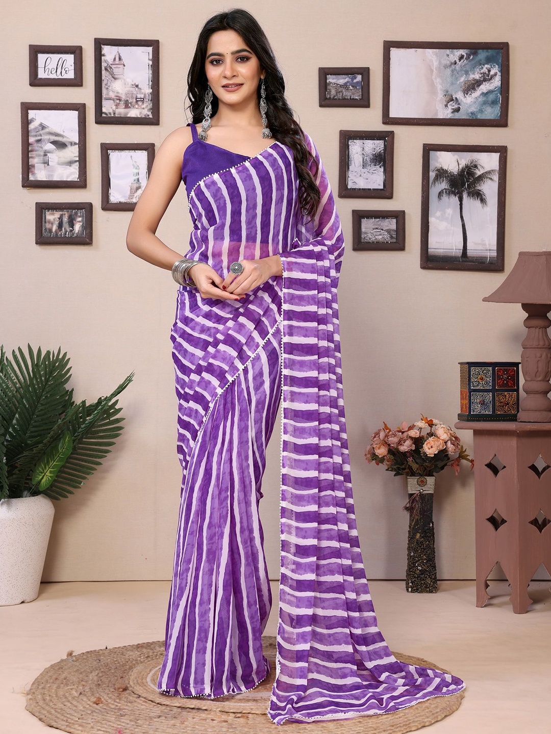 

Divyadham Textiles Striped Pure Georgette Ready to Wear Saree, Purple
