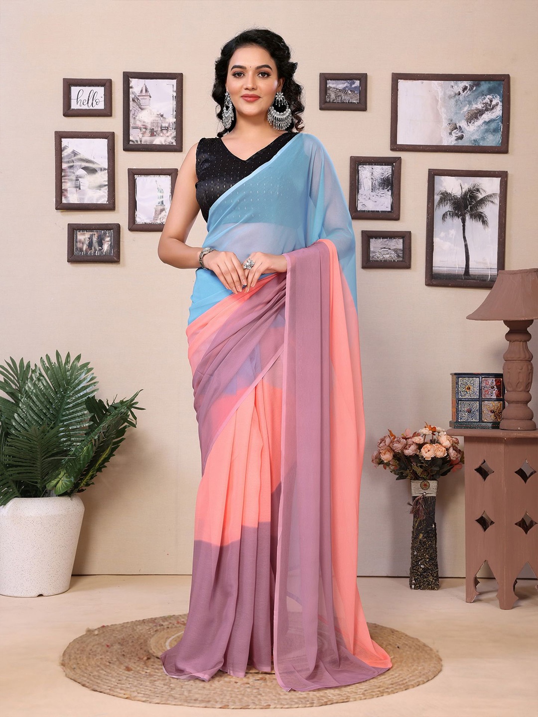 

Divyadham Textiles Ombre Pure Georgette Ready to Wear Saree, Peach
