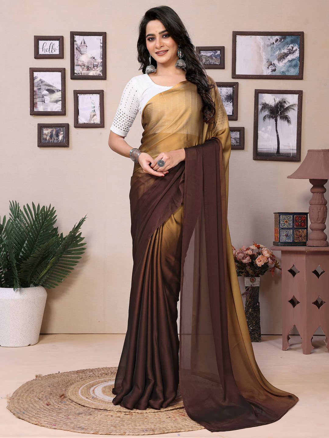 

Divyadham Textiles Satin Ombre Ready to Wear Saree, Gold