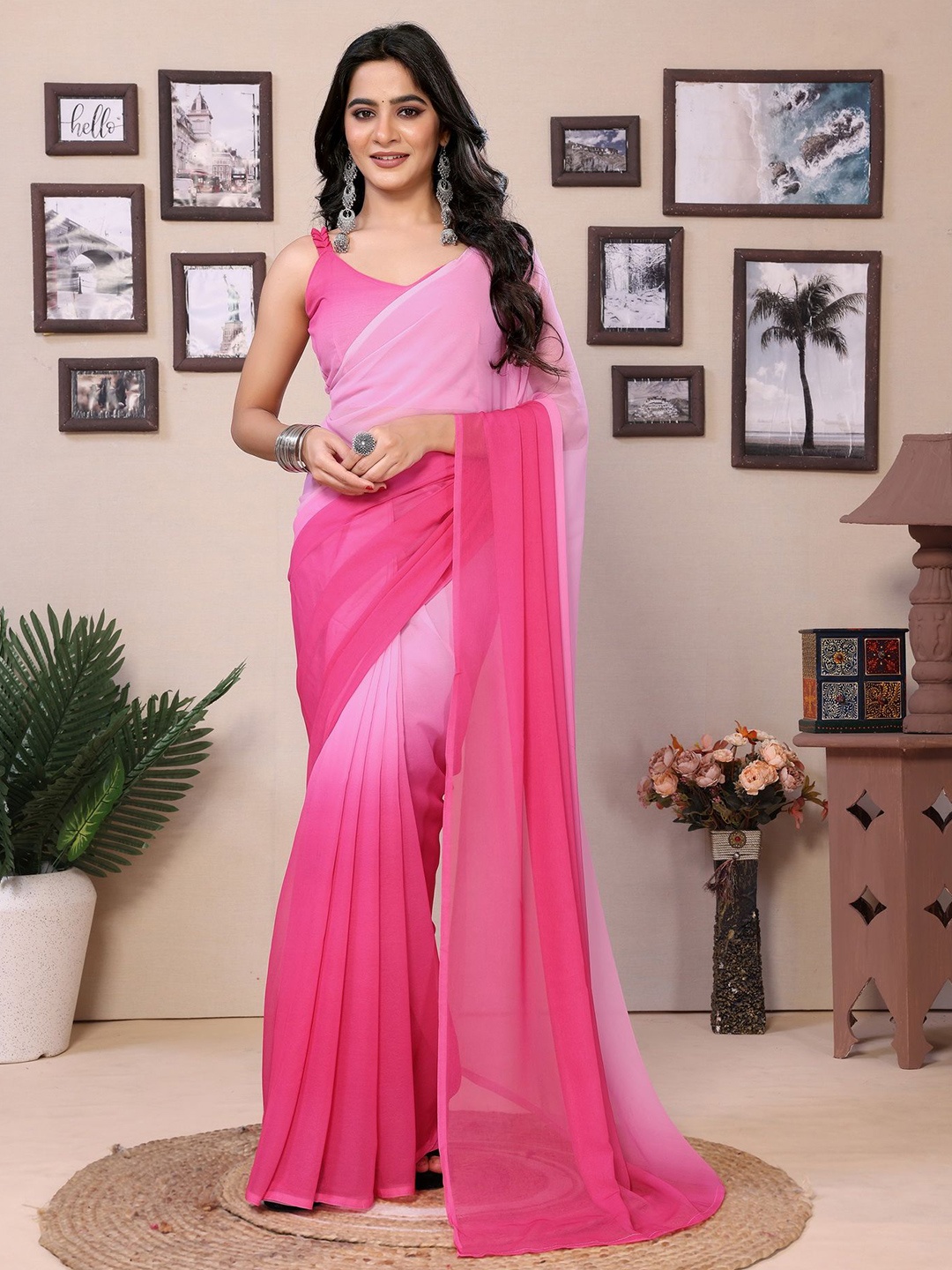 

Divyadham Textiles Ombre Pure Georgette Ready to Wear Saree, Pink