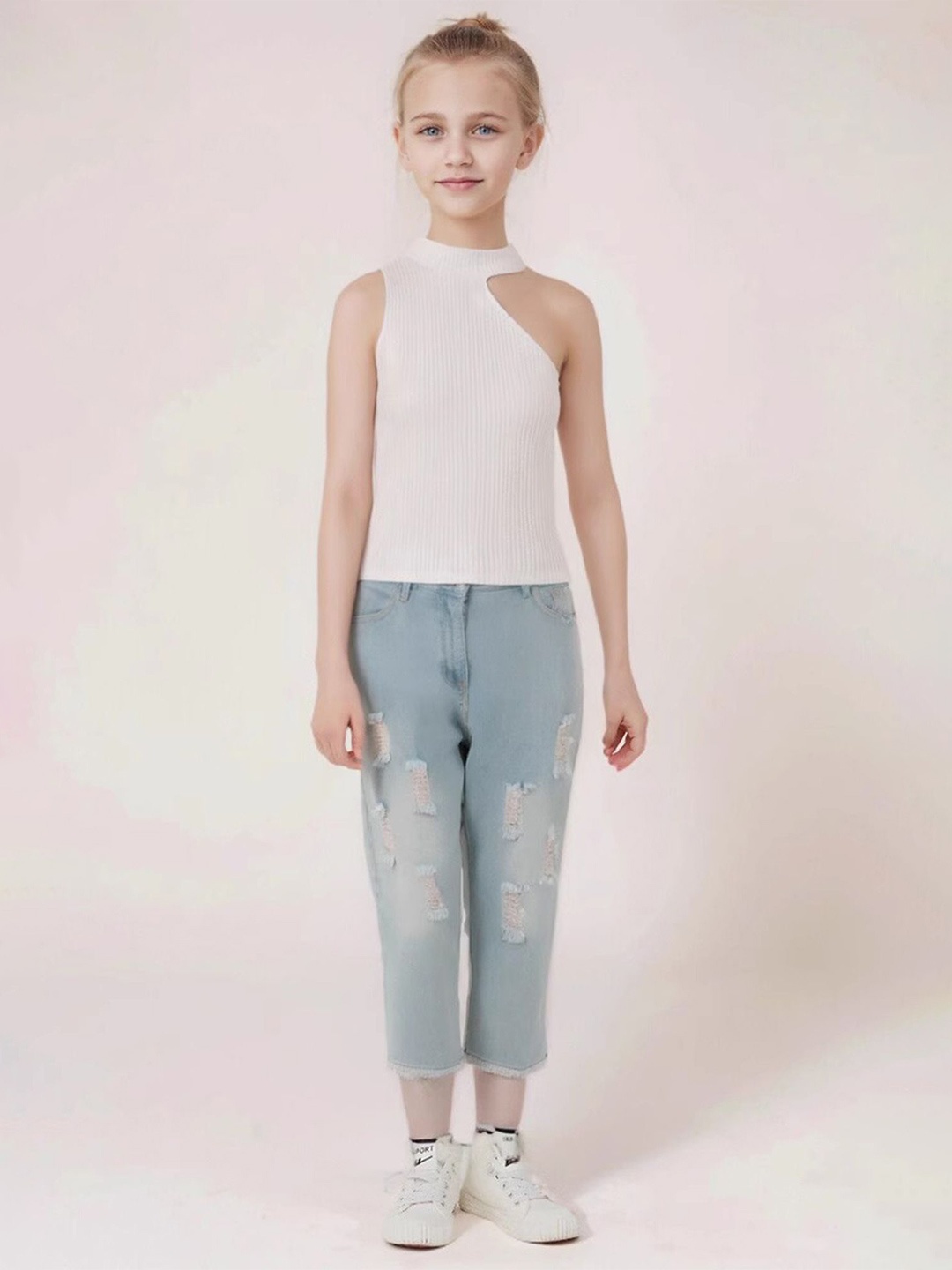 LULU & SKY Girls Round Neck Sleeveless Top With Trouser, White
