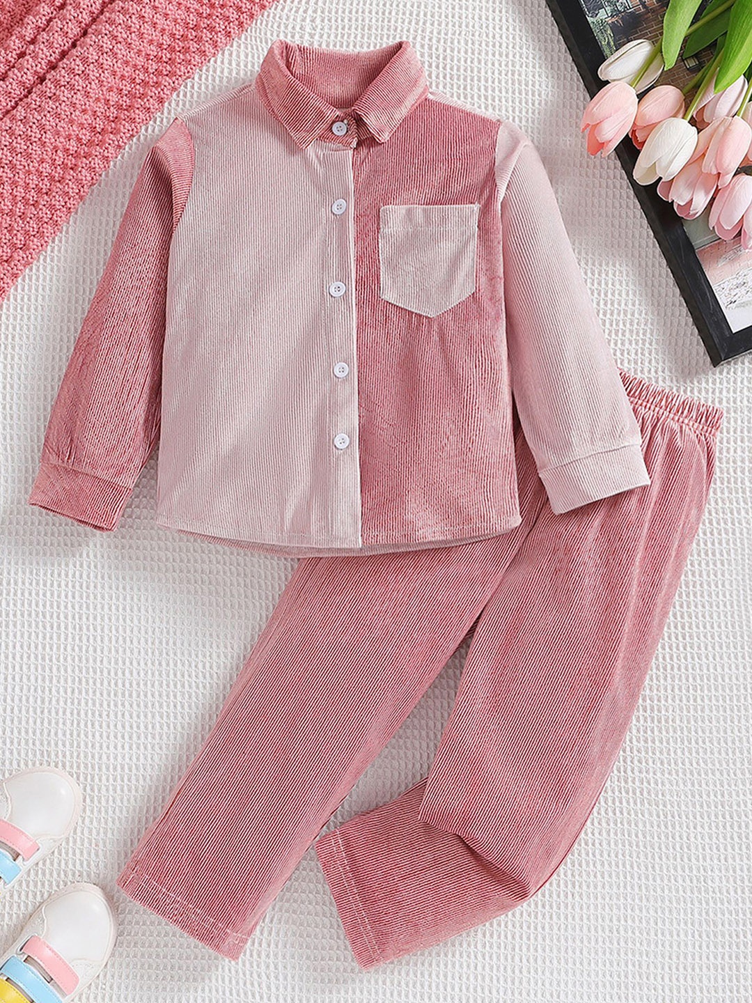 

LULU & SKY Girls Striped Shirt Collar Long Sleeves Shirt With Trouser, Pink
