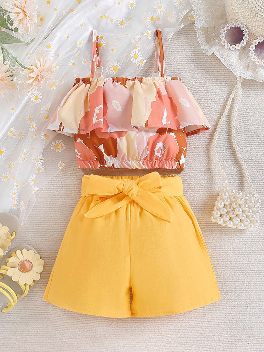 

LULU & SKY Girls Printed Shoulder Straps Neck Sleeveless Top With Shorts, Yellow