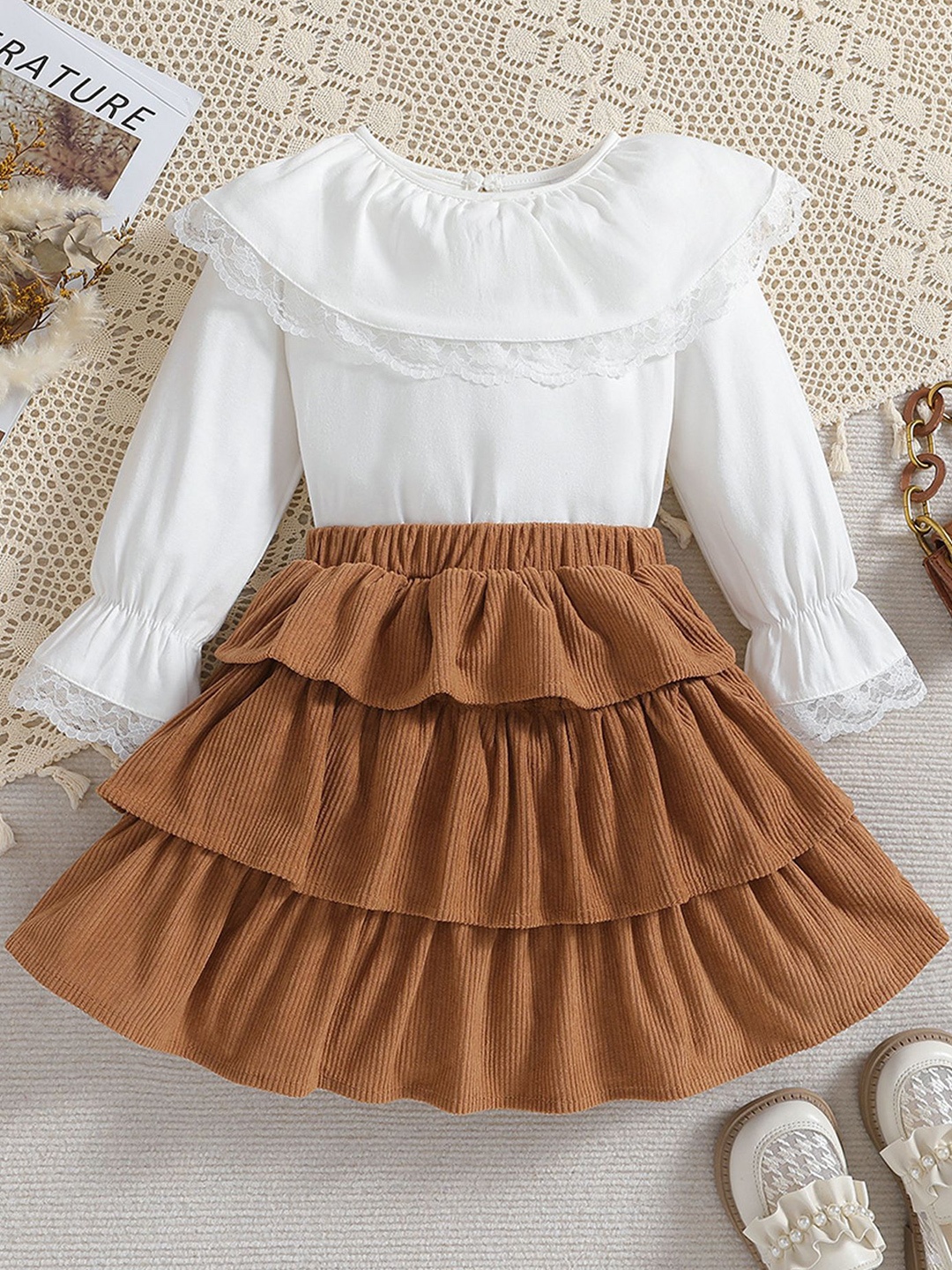 

LULU & SKY Girls Round Neck Top with Skirt, Brown