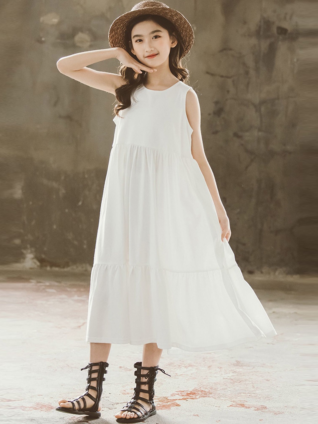 

LULU & SKY Girls Pure Cotton Tiered A-Line Midi Dress, White