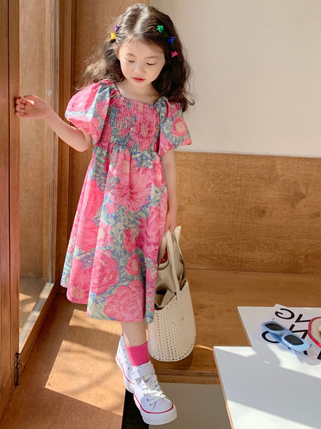LULU & SKY Girls Floral Print A-Line Midi Dress, Pink