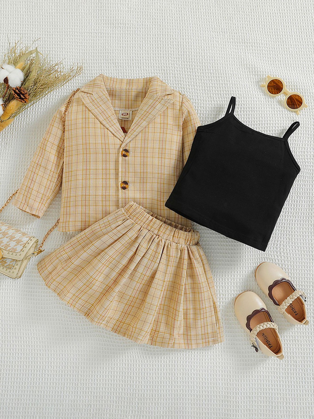 

LULU & SKY Girls Checked Lapel Collar Long Sleeves Coat With Skirt With Top, Yellow