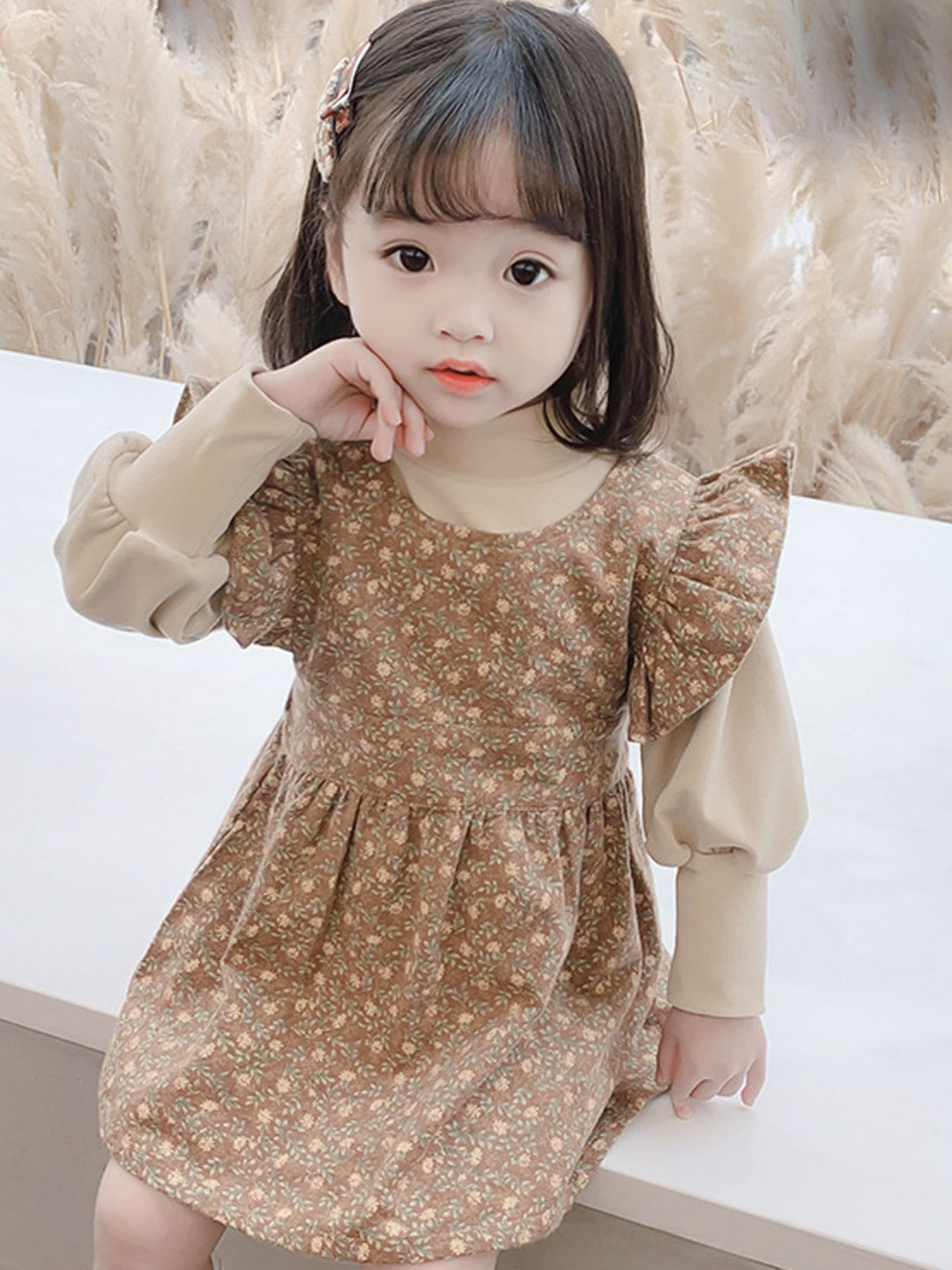 

LULU & SKY Girls Floral Printed Round Neck Short Sleeves Fit & Flare Dress With Top, Beige