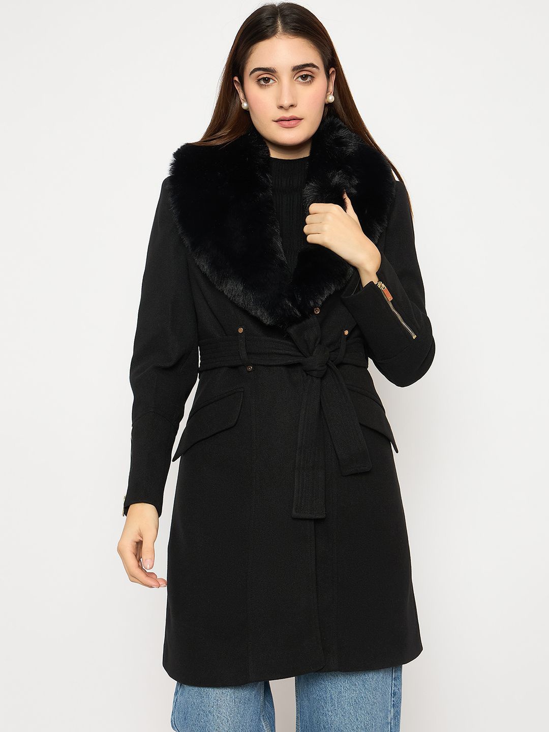 

Madame Women Solid Shawl Collar Overcoat Coat, Black
