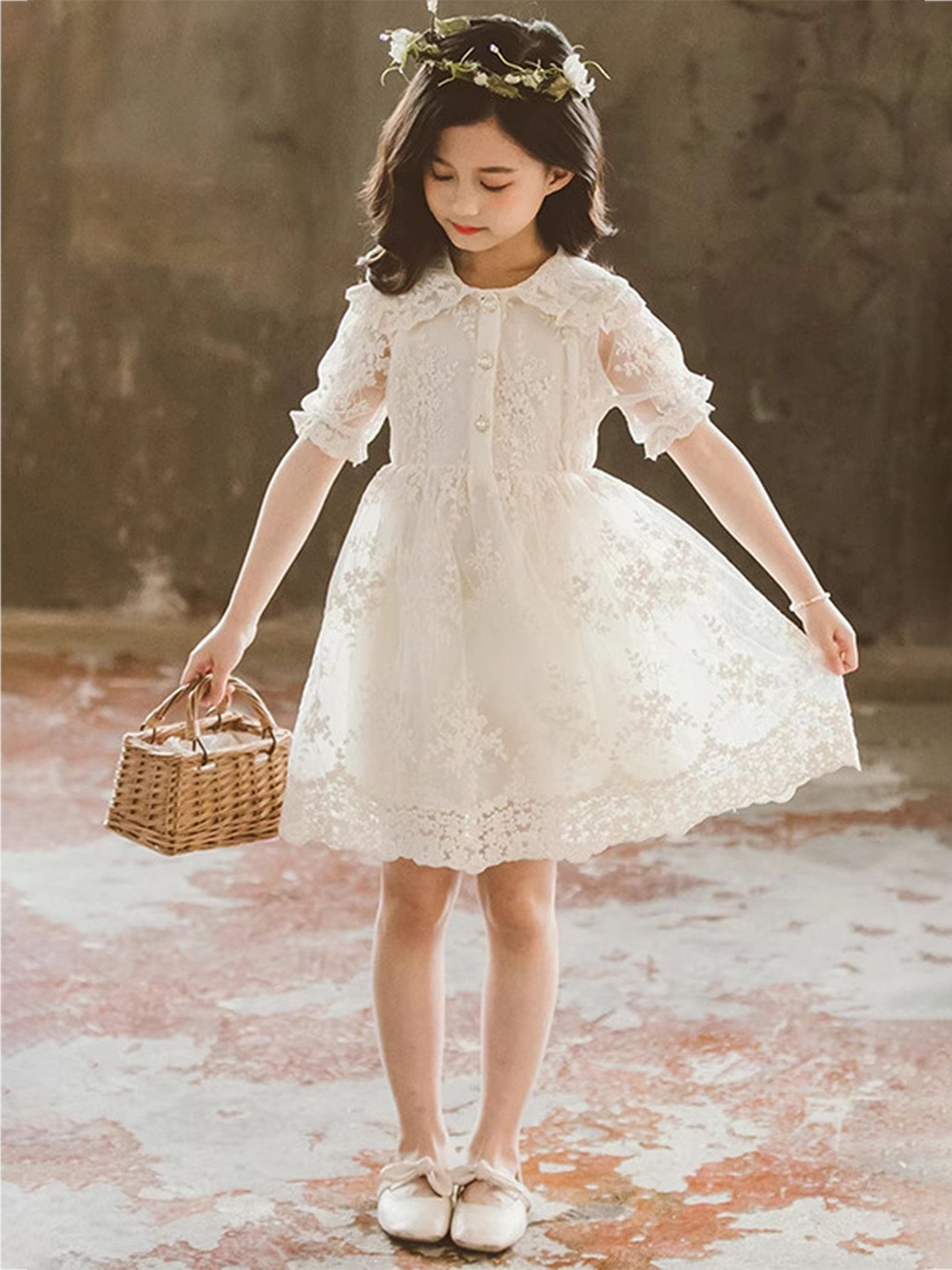 

LULU & SKY Girls Peter Pan Collar Fit and Flare Dress, Beige