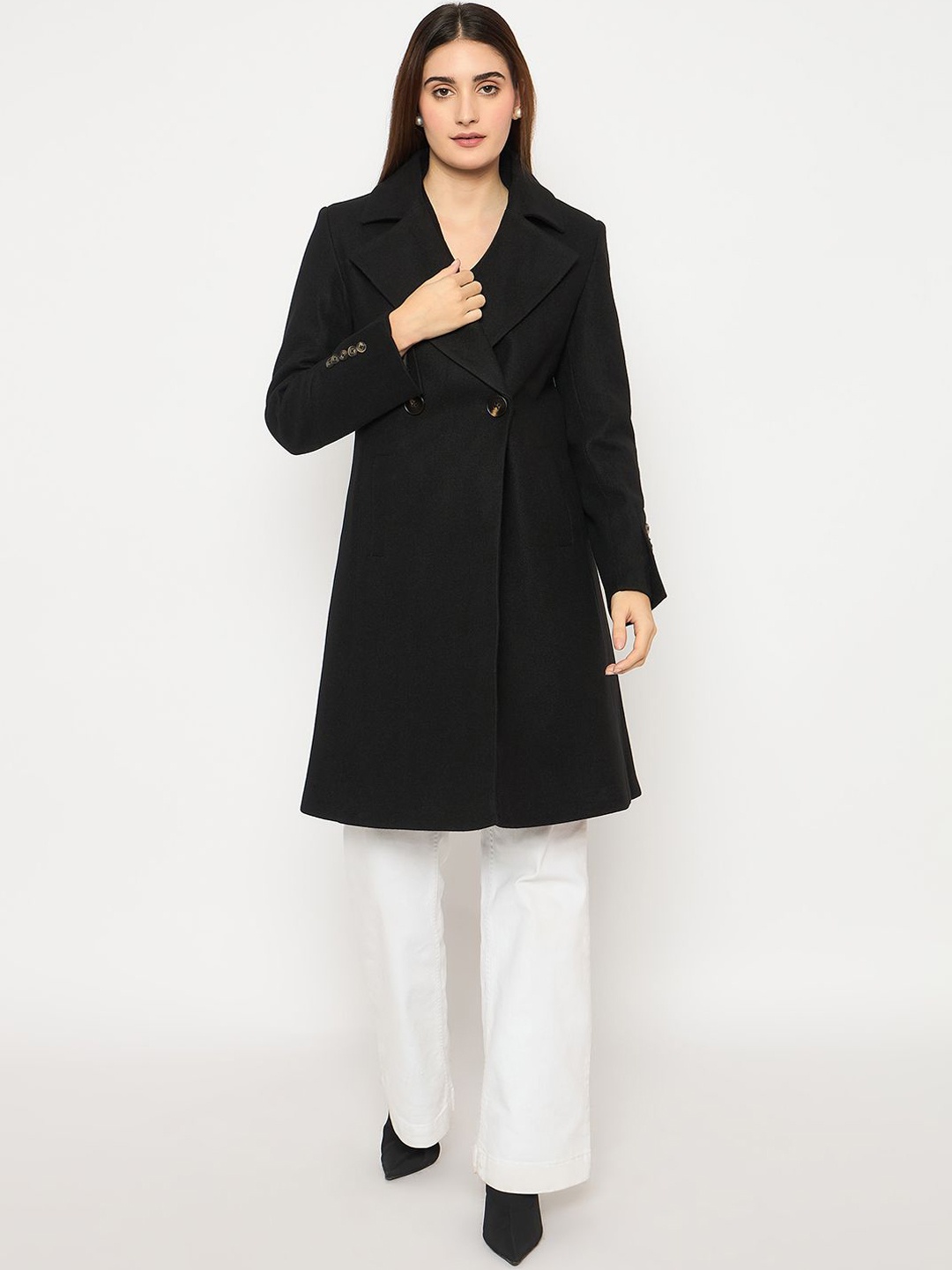 

Madame Women Solid Notched Lapel Collar Overcoat Coat, Black