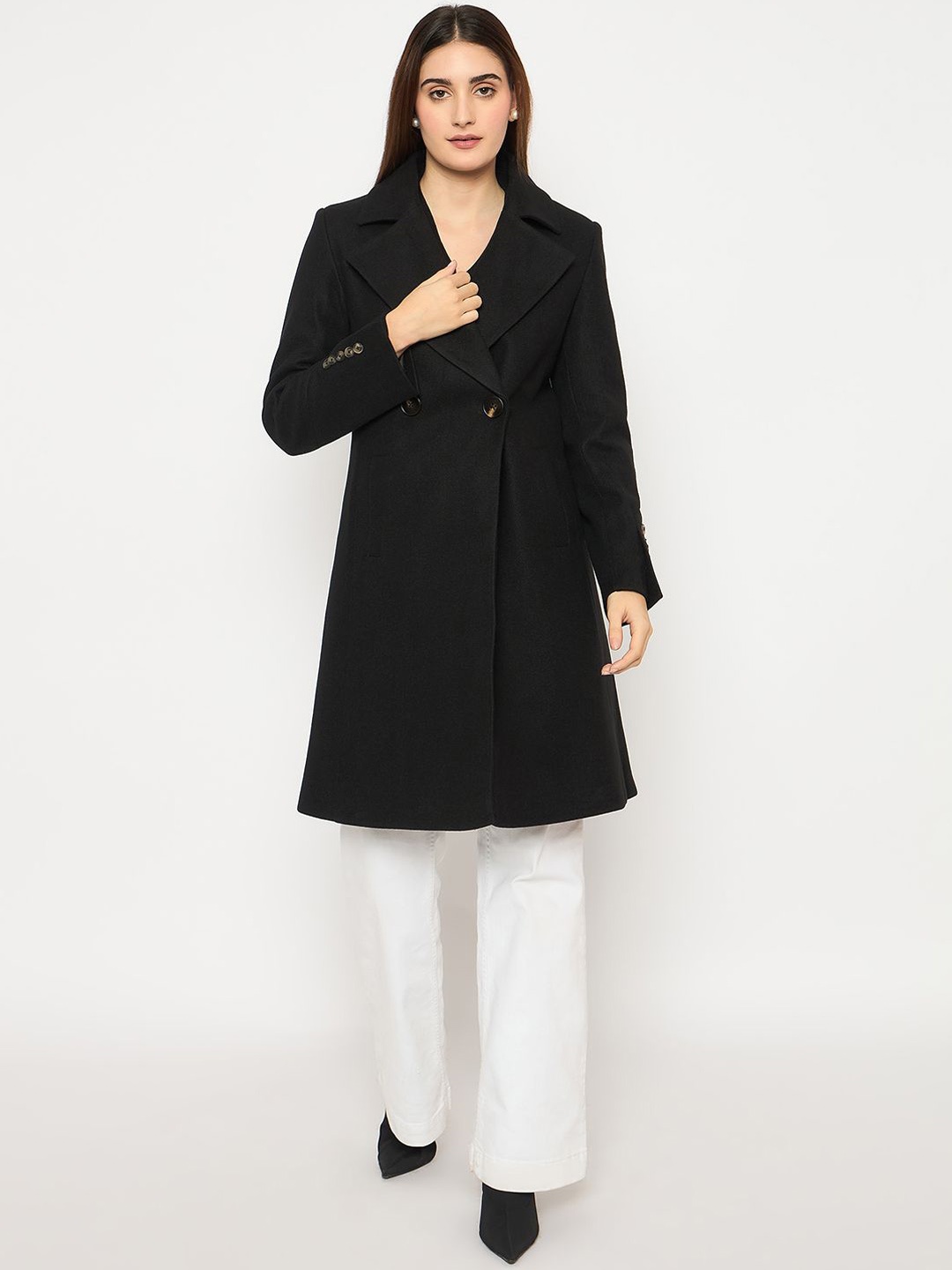

Madame Women Solid Notched Lapel Overcoat Coat, Black