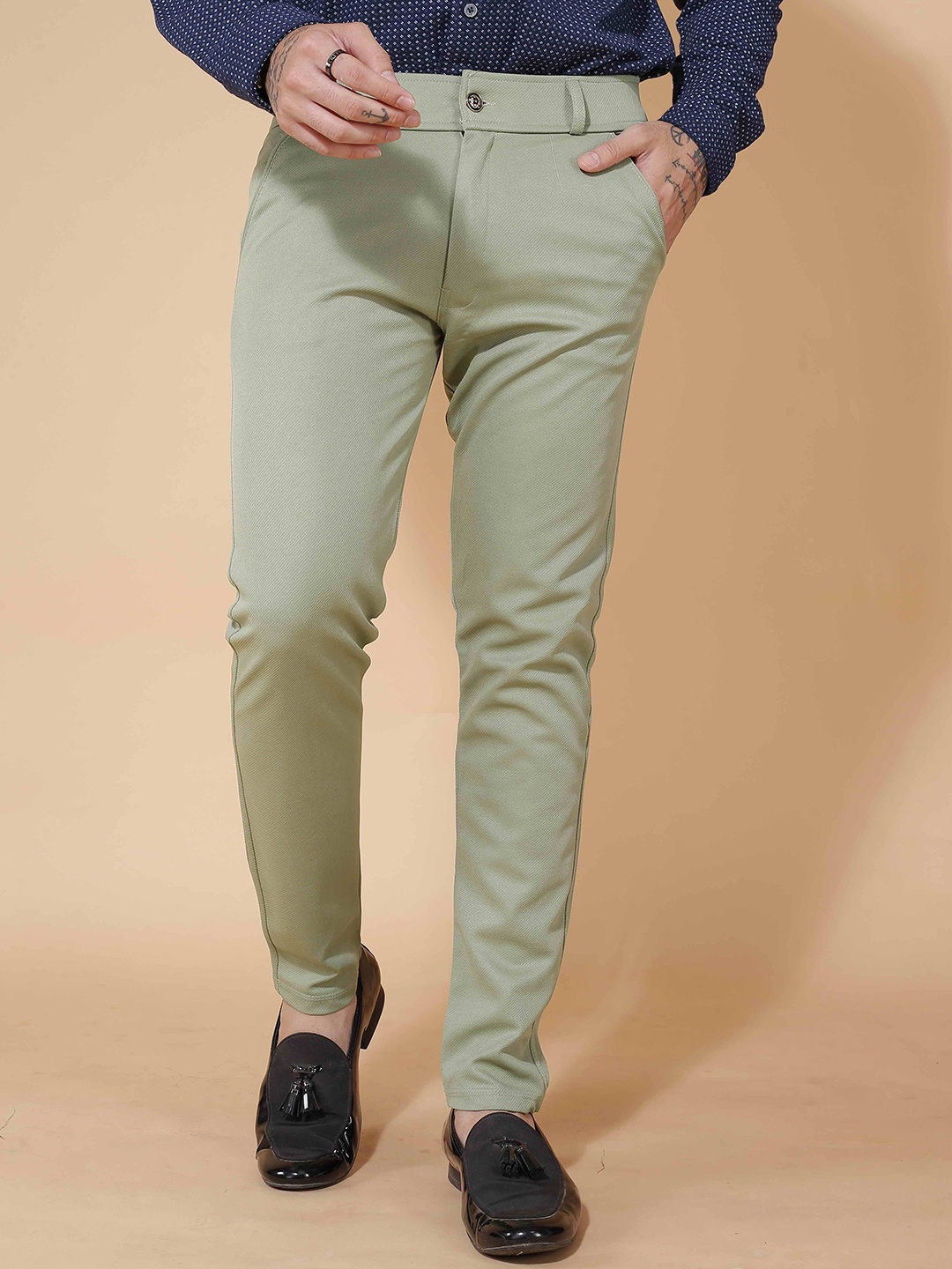

SKENX Men High-Rise Regular Fit Formal Trousers, Green