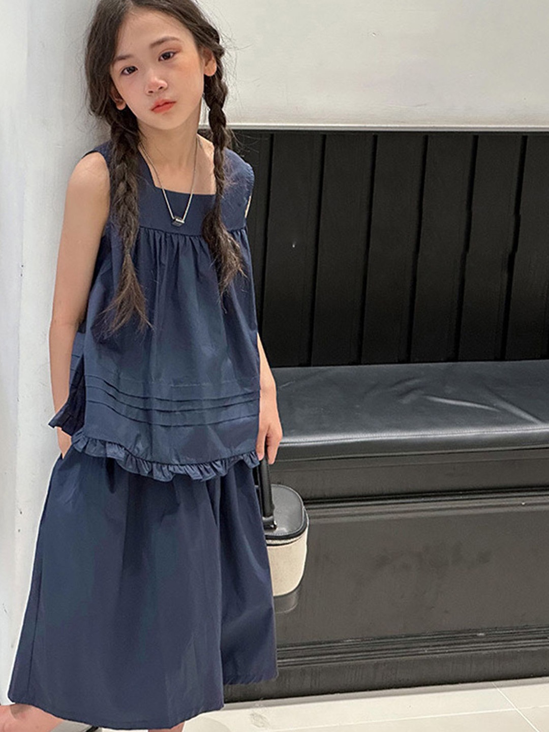 

LULU & SKY Girls Square Neck Sleeveless Top With Skirt, Navy blue