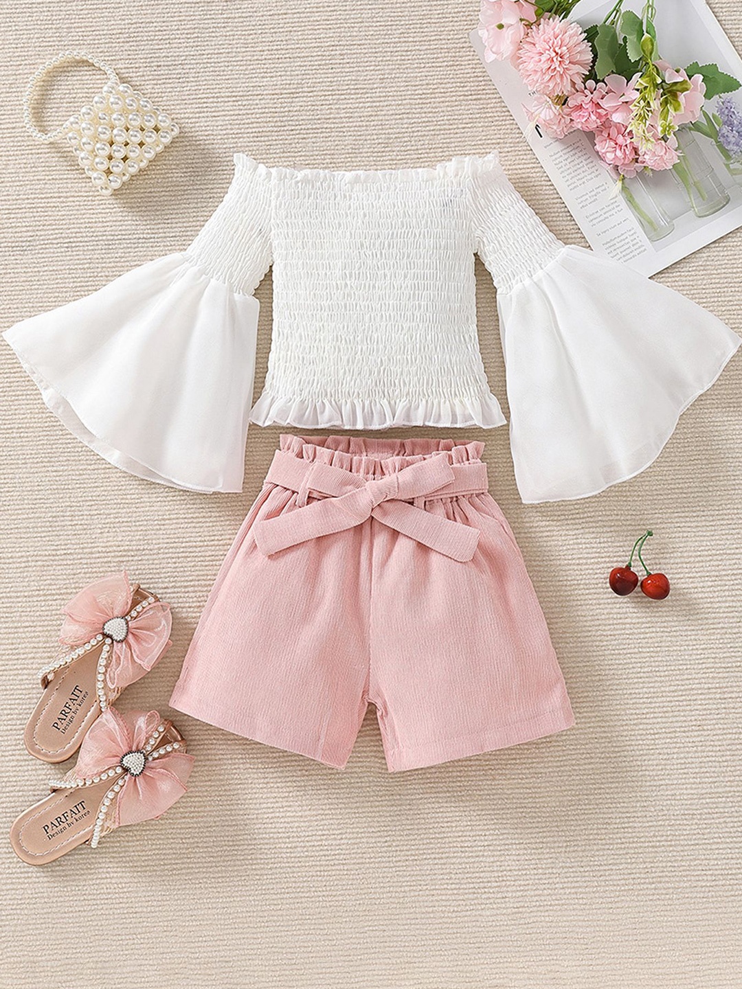 

LULU & SKY Girls Off-Shoulder Neck Long Sleeves Top With Shorts, Pink