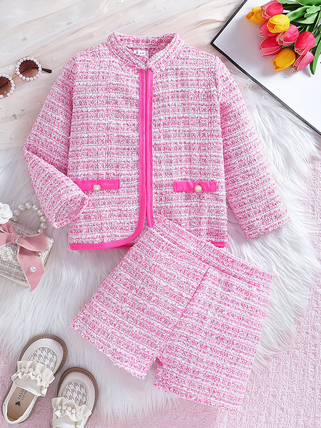 

LULU & SKY Girls Self Design Long Sleeves Shirt with Shorts, Pink