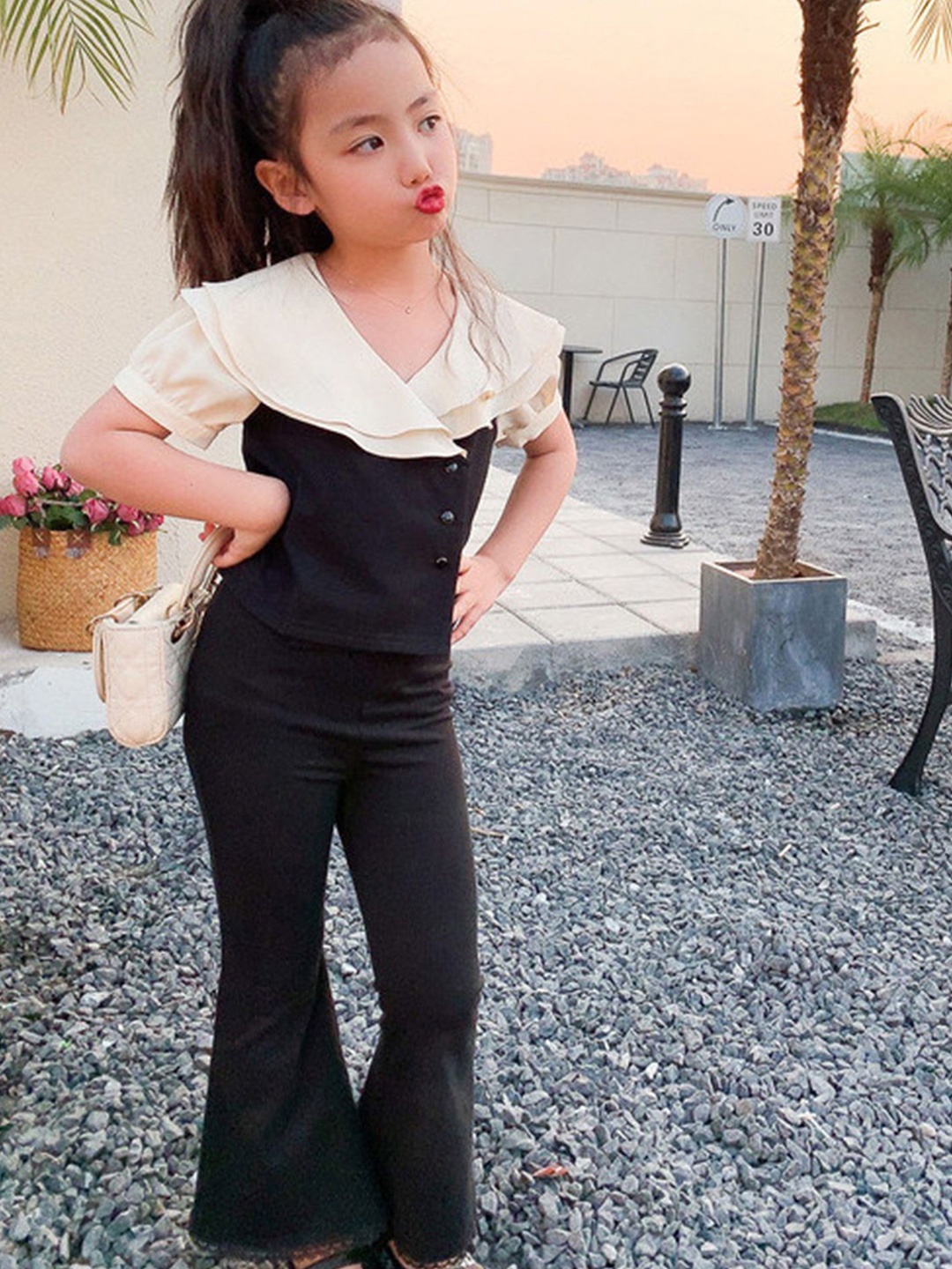 

LULU & SKY Girls V-Neck Short Sleeves Top With Trouser, Black