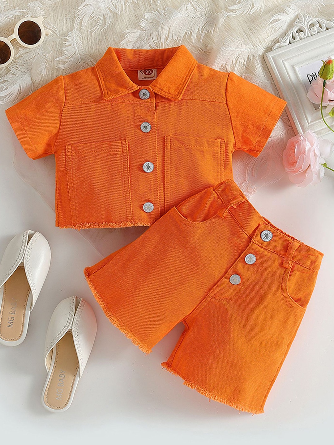 

LULU & SKY Girls Shirt Collar Short Sleeves Shirt With Shorts, Orange