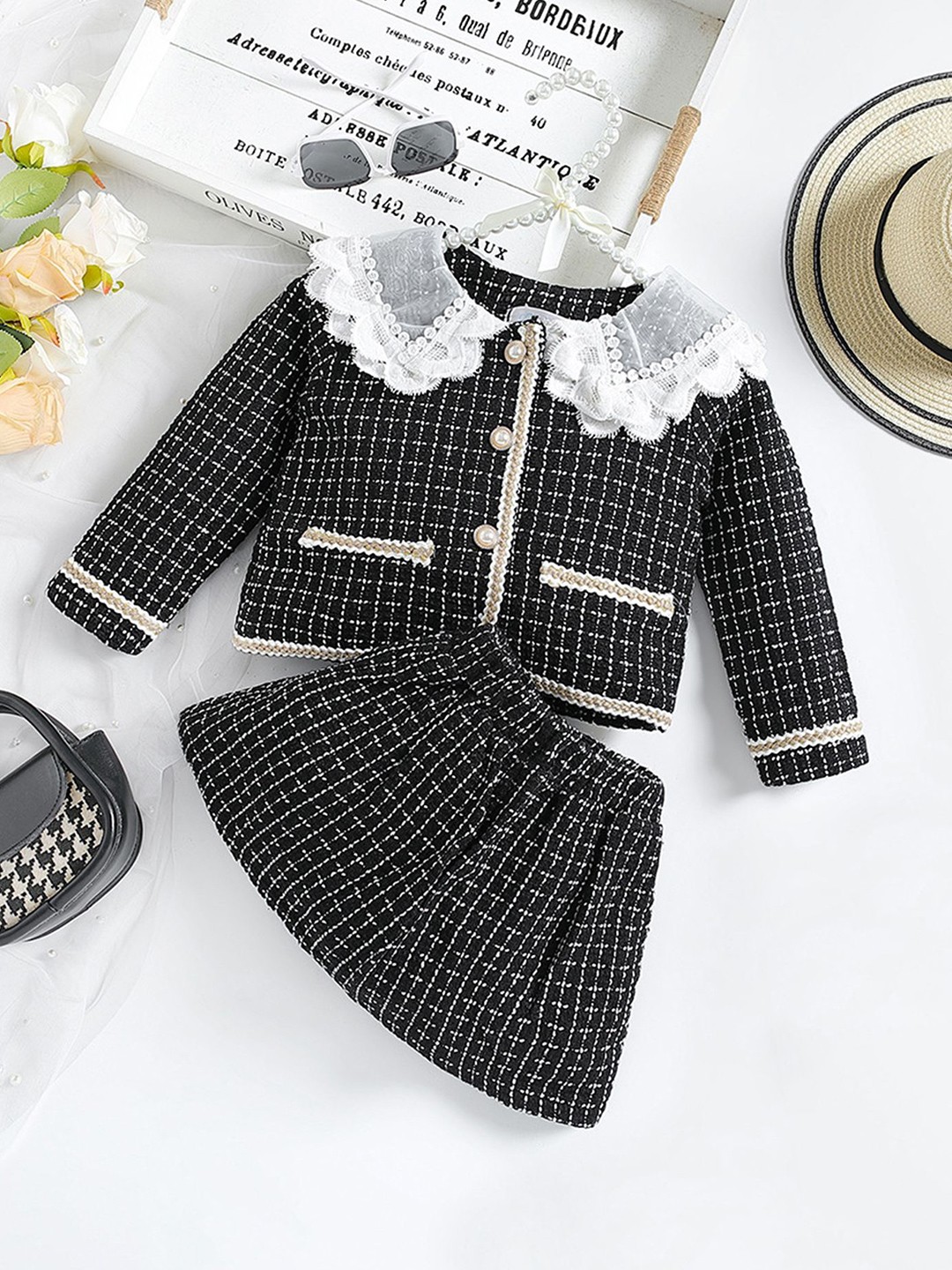 

LULU & SKY Girls Checked Peter Pan Collar Long Sleeves Coat With Skirt, Black