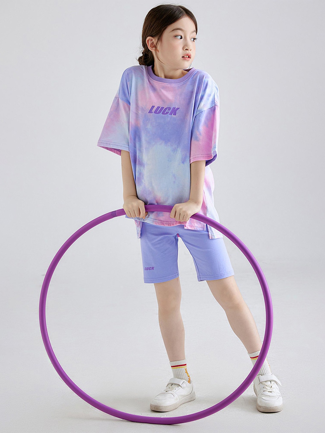 

LULU & SKY Girls Dyed Round Neck Three-Quarter Sleeves T-Shirt With Shorts, Purple