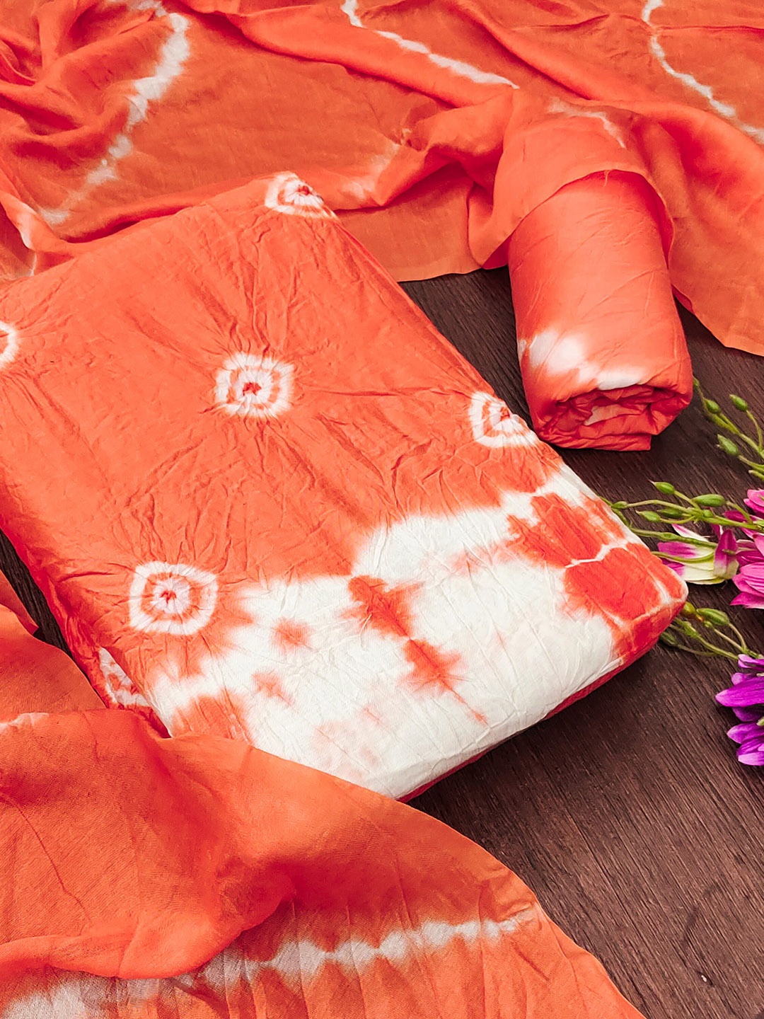 

KALINI Bandhani Dyed Pure Cotton Unstitched Dress Material, Orange