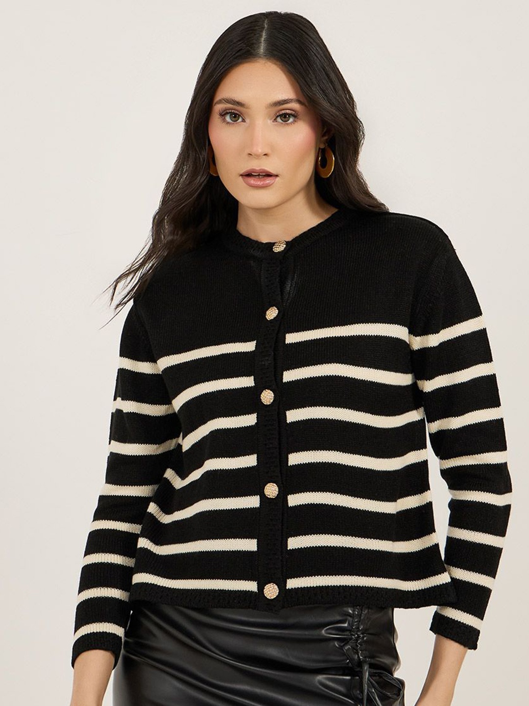 

Styli Women Striped Regular Fit Cardigan, Black