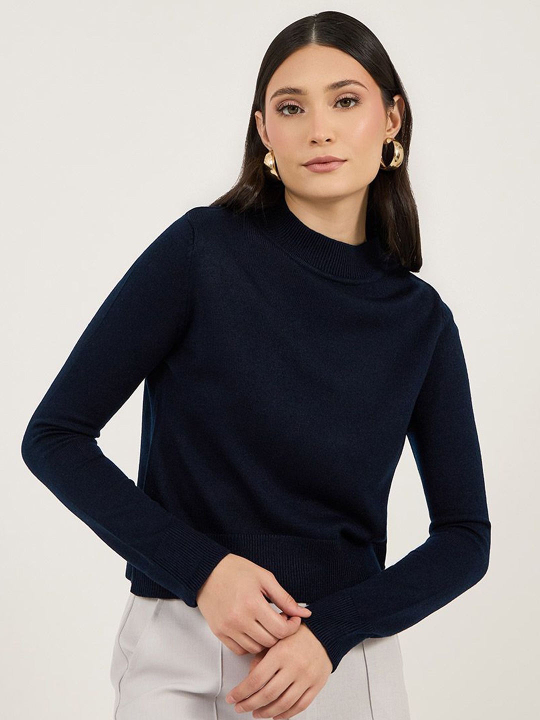 

Styli Women High Neck Fitted Sweater, Navy blue