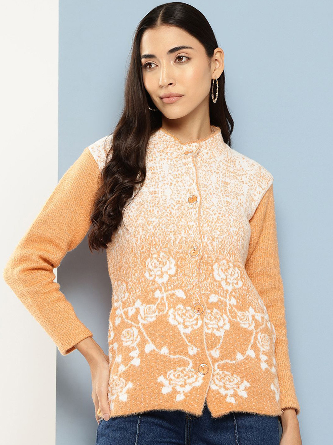 

The Roadster Lifestyle Co Women Floral Printed Woollen Cardigan Sweater, Beige