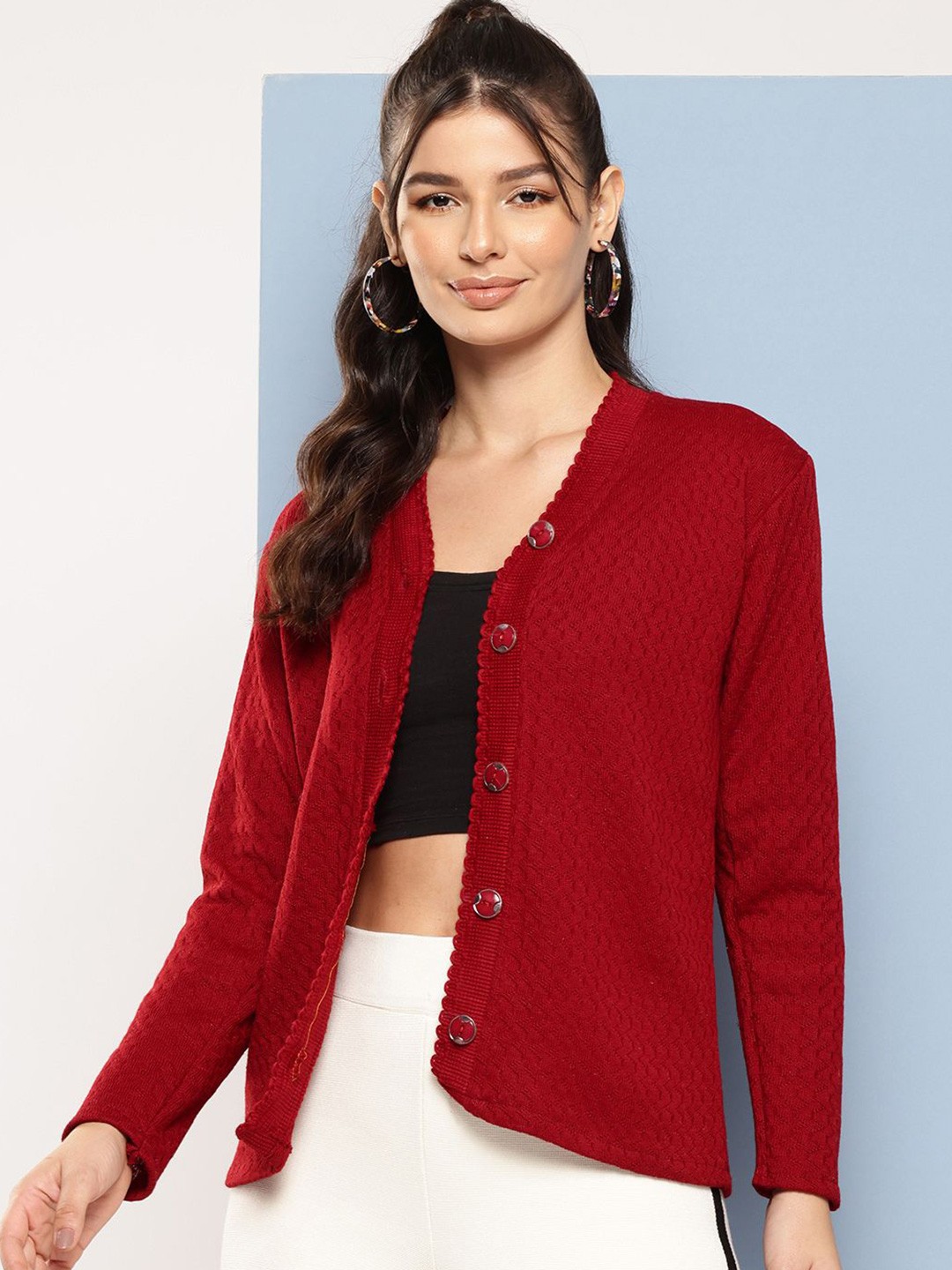 

The Roadster Lifestyle Co Women Self Design Cardigan Sweater, Maroon