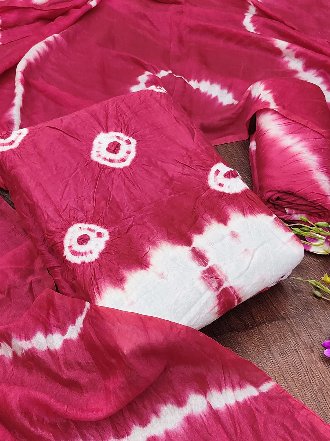 

KALINI Bandhani Dyed Pure Cotton Unstitched Dress Material, Pink