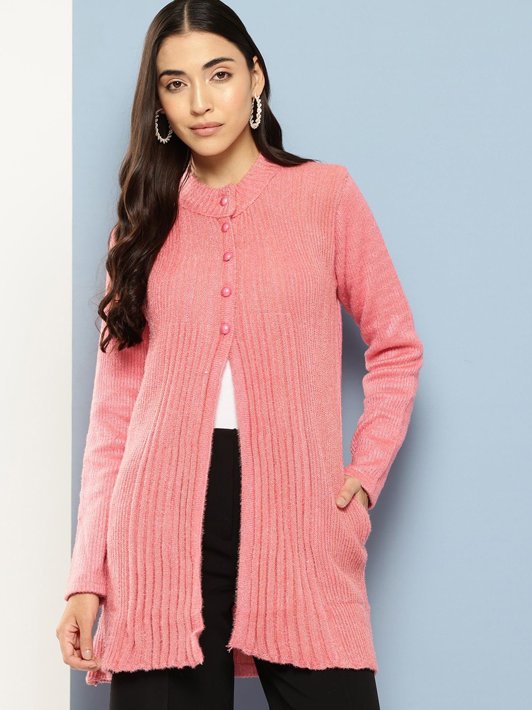 

The Roadster Lifestyle Co. Self Design Wollen Cardigan Sweaters, Peach
