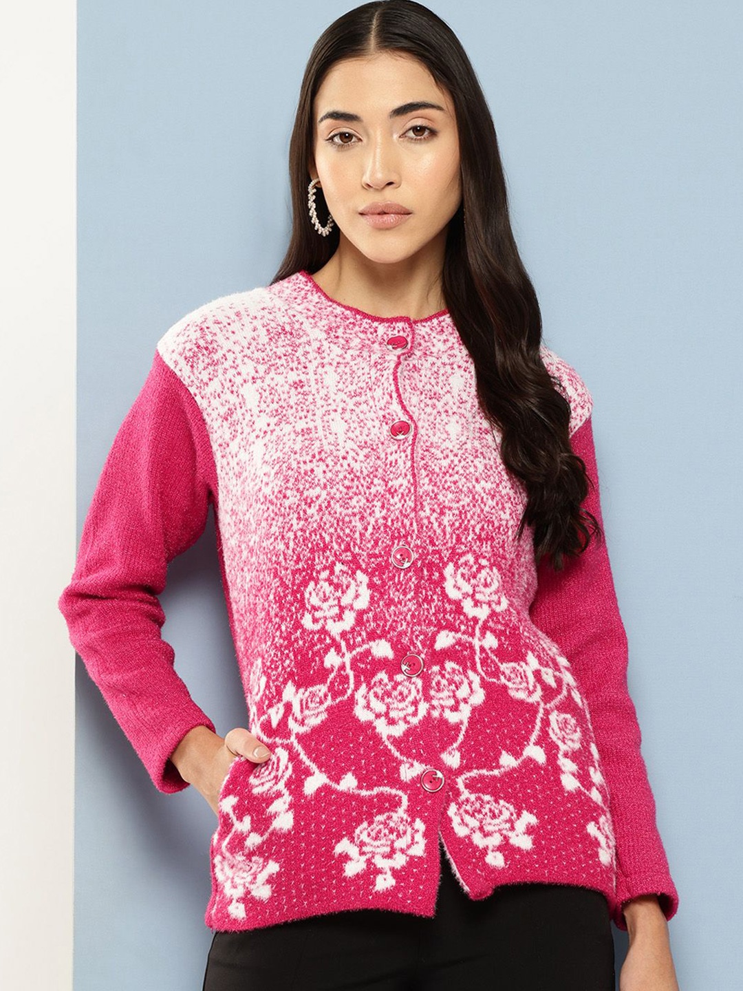 

The Roadster Lifestyle Co Floral Woolen Cardigan Sweaters, Pink