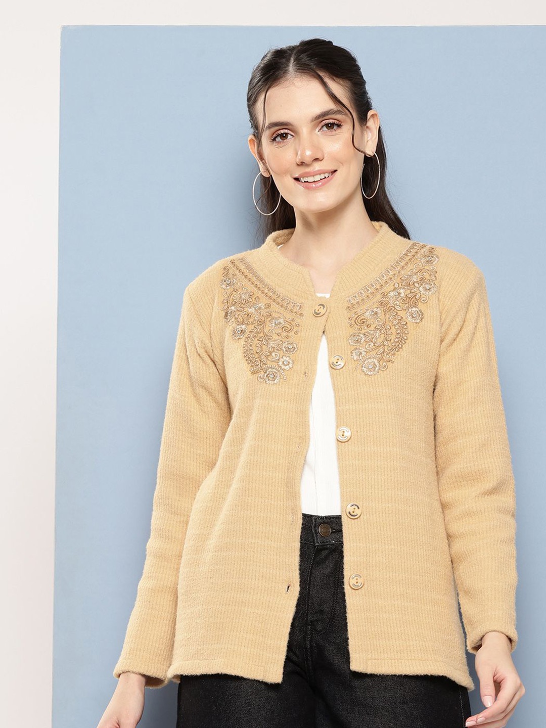 

The Roadster Lifestyle Co. Embroidered Woolen Long Sleeve Cardigan Sweater, Yellow