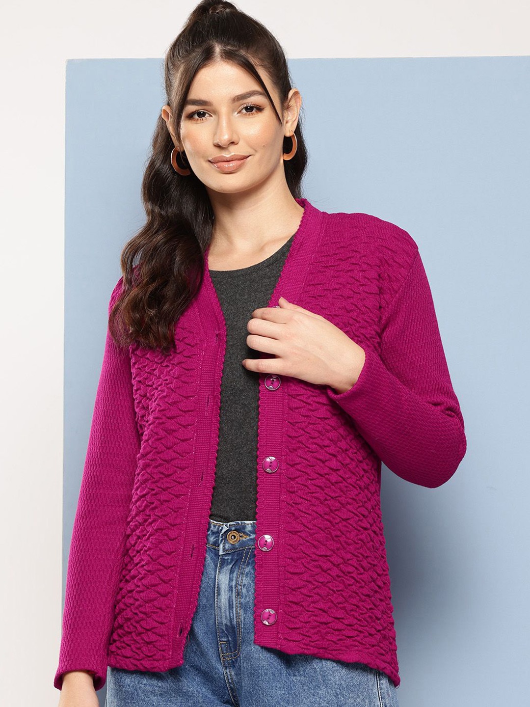 

The Roadster Lifestyle Co. Women Self Design Woolen Long Sleeve Cardigan, Purple